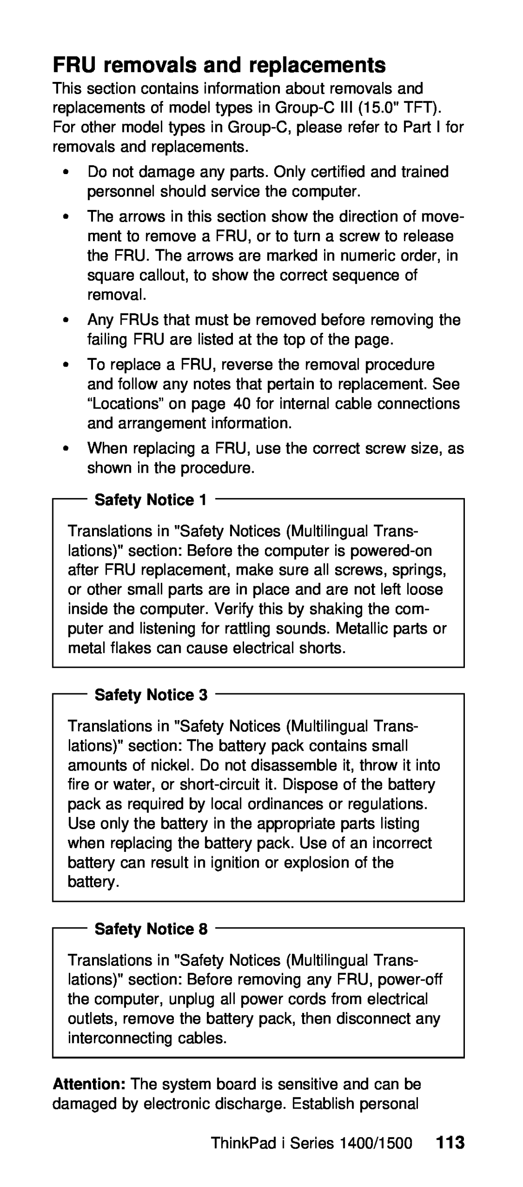 IBM Series 1400, Series 1500 manual FRU removals and replacements, Safety Notice 