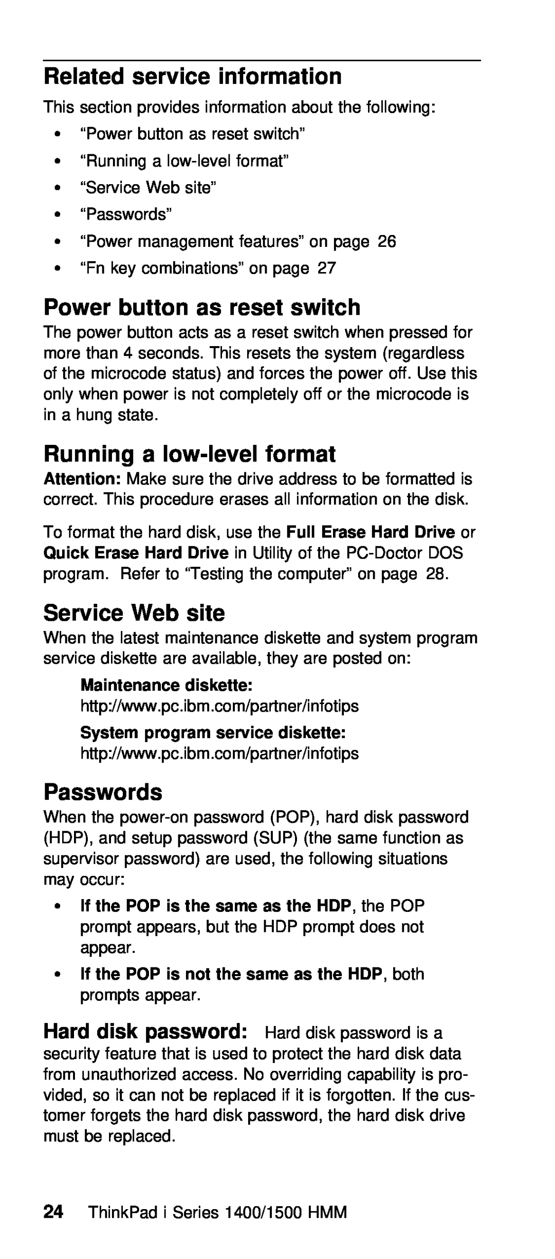IBM Series 1500 manual Related service information, button, Running a low-level format, Service Web site, Passwords, reset 