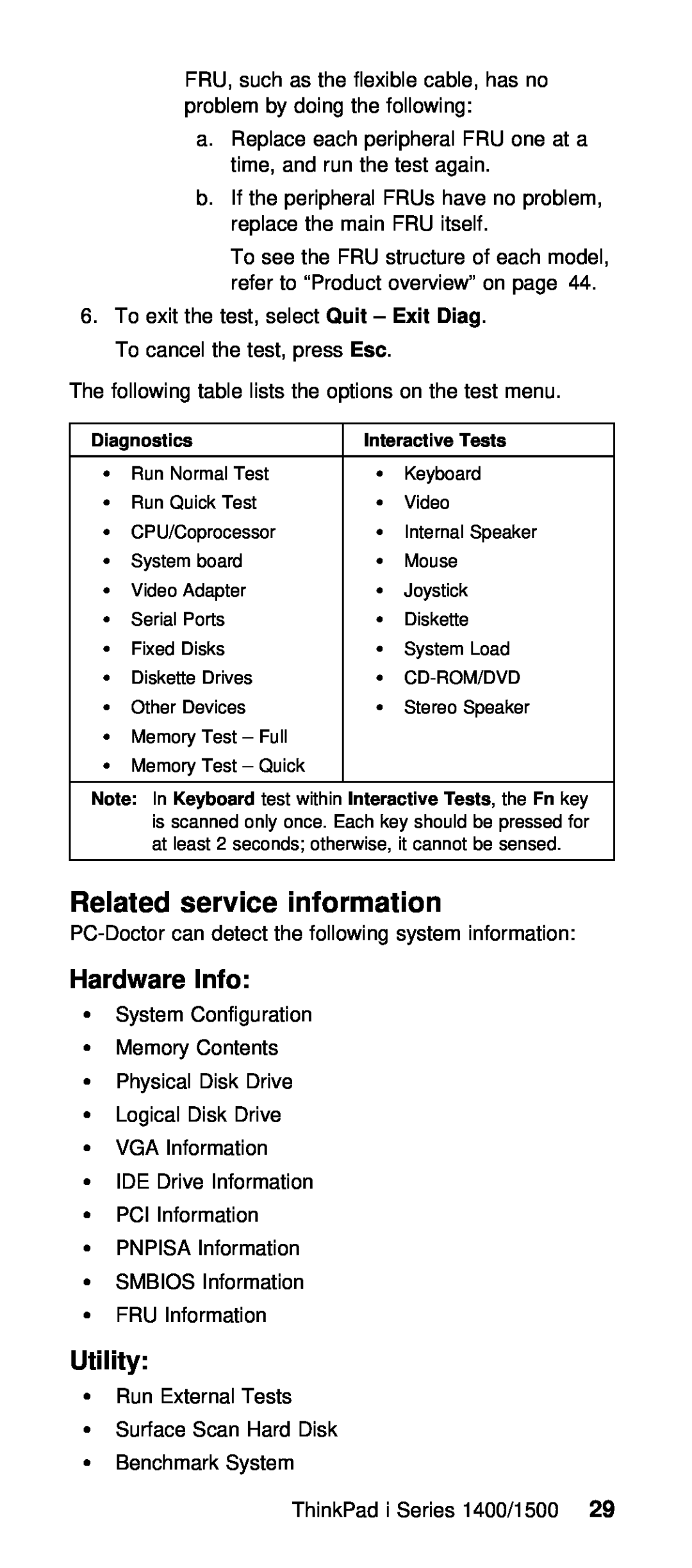 IBM Series 1400, Series 1500 manual Hardware Info, Utility, Related service information, Diagnostics, InKeyboard 