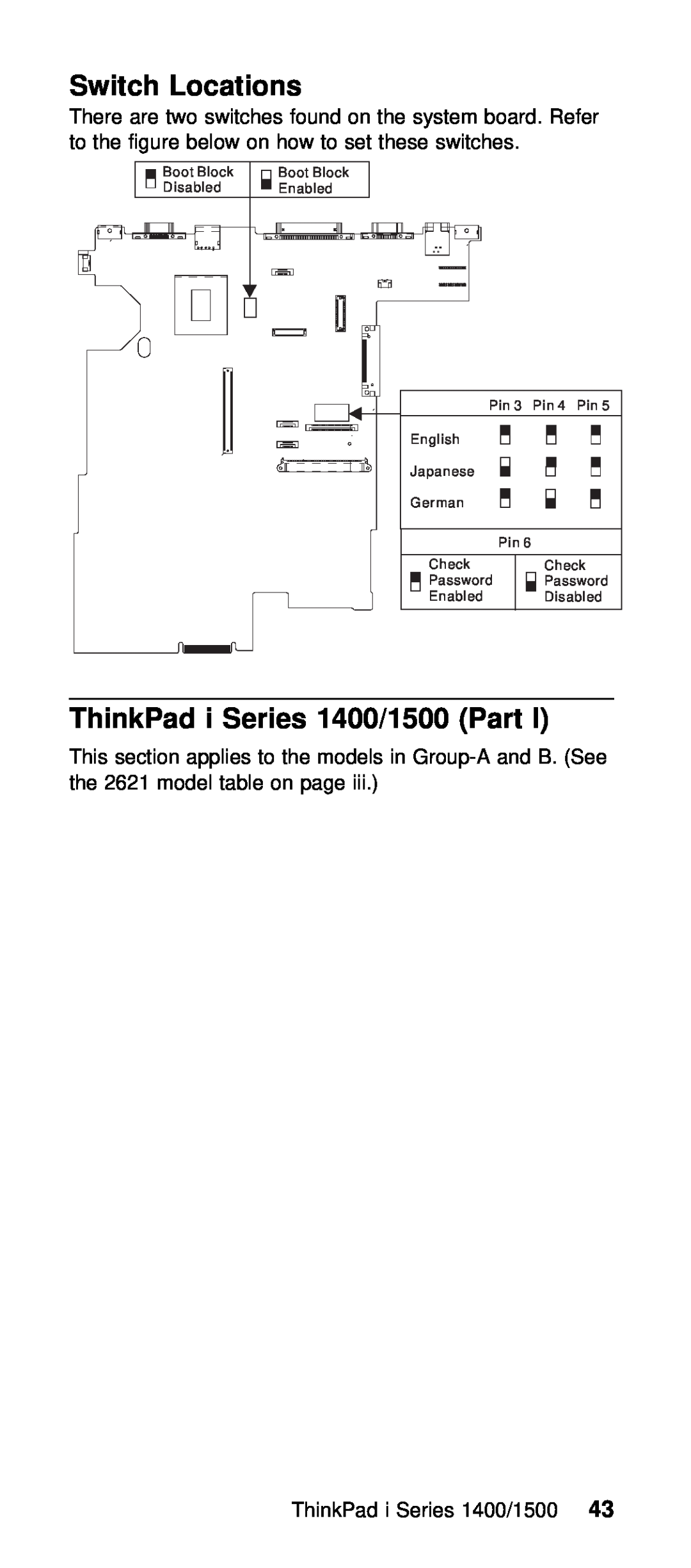 IBM Series 1400, Series 1500 manual Switch Locations, Part, ThinkPad, 1400/1500 