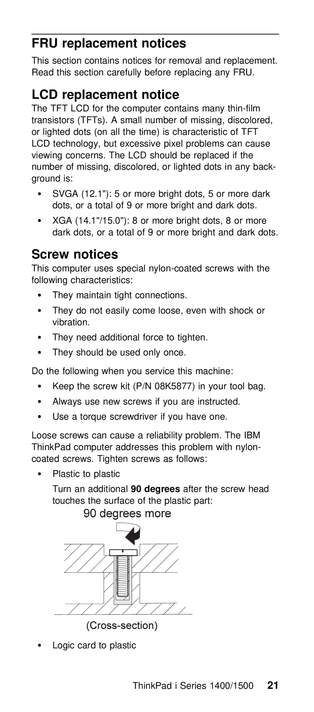 IBM Series 1400, Series 1500 manual FRU replacement notices, LCD replacement notice, Screw notices 