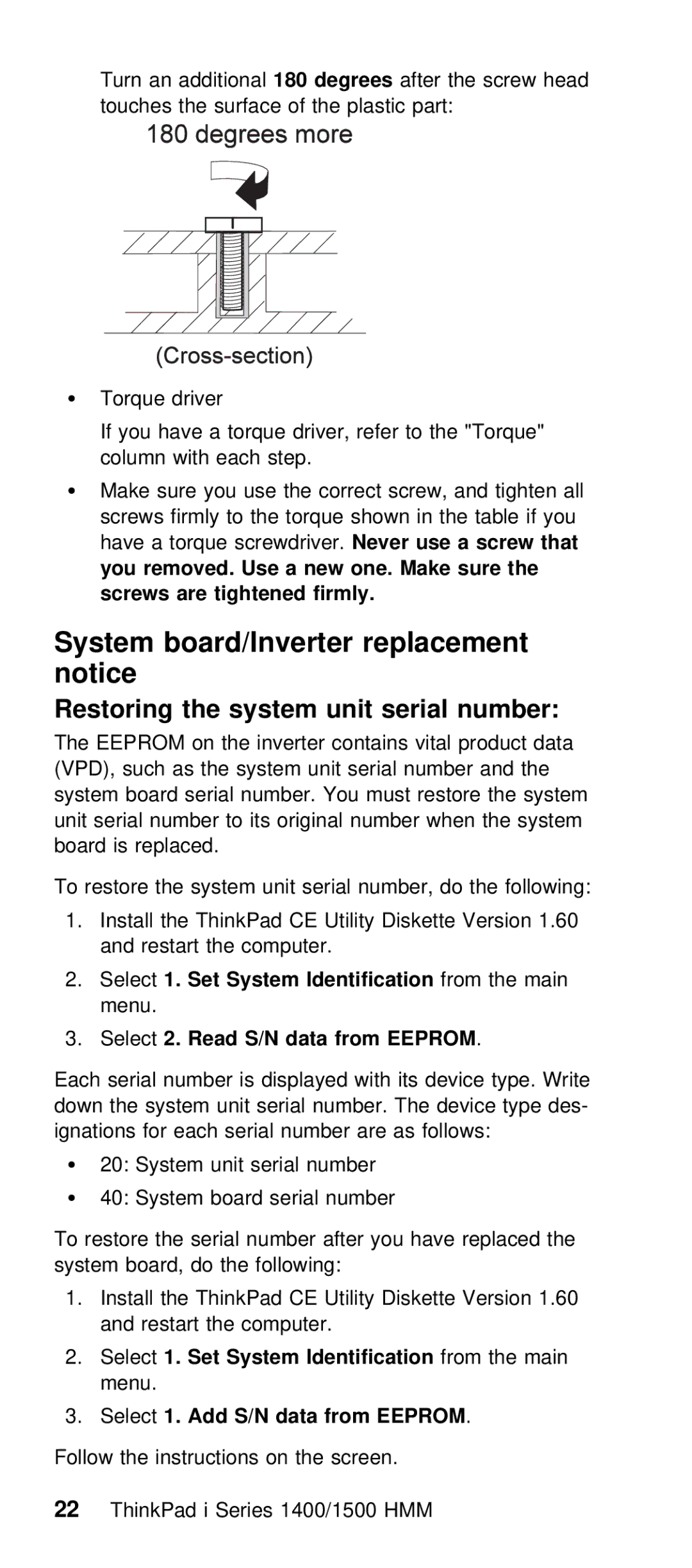 IBM Series 1500 manual System board/Inverter replacement notice, Restoring the system unit serial number, Select2. Read S/N 