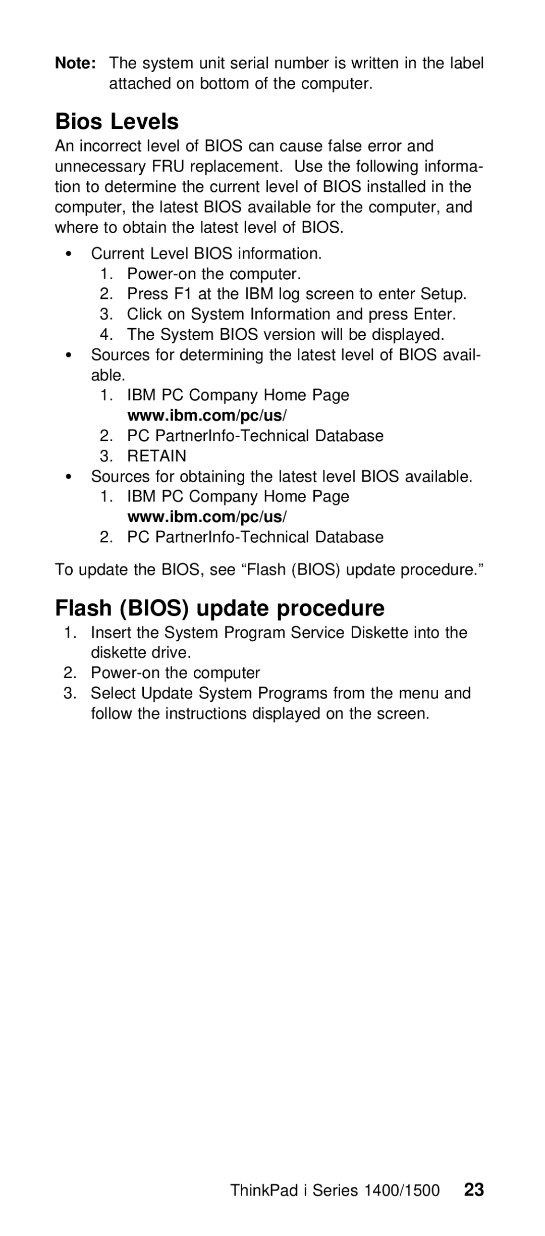 IBM Series 1400, Series 1500 manual Bios Levels, Flash Bios update procedure 