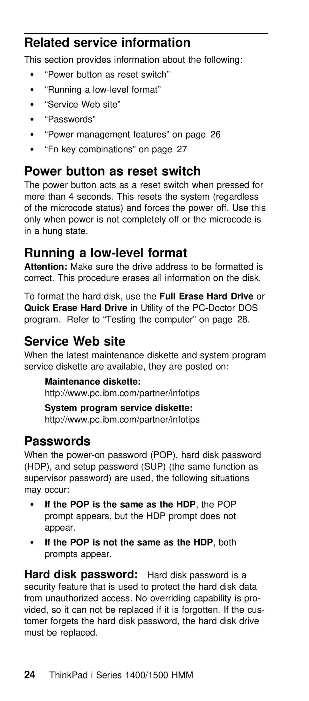 IBM Series 1500, Series 1400 Related service information, Button, Running a low-level format, Service Web site, Passwords 