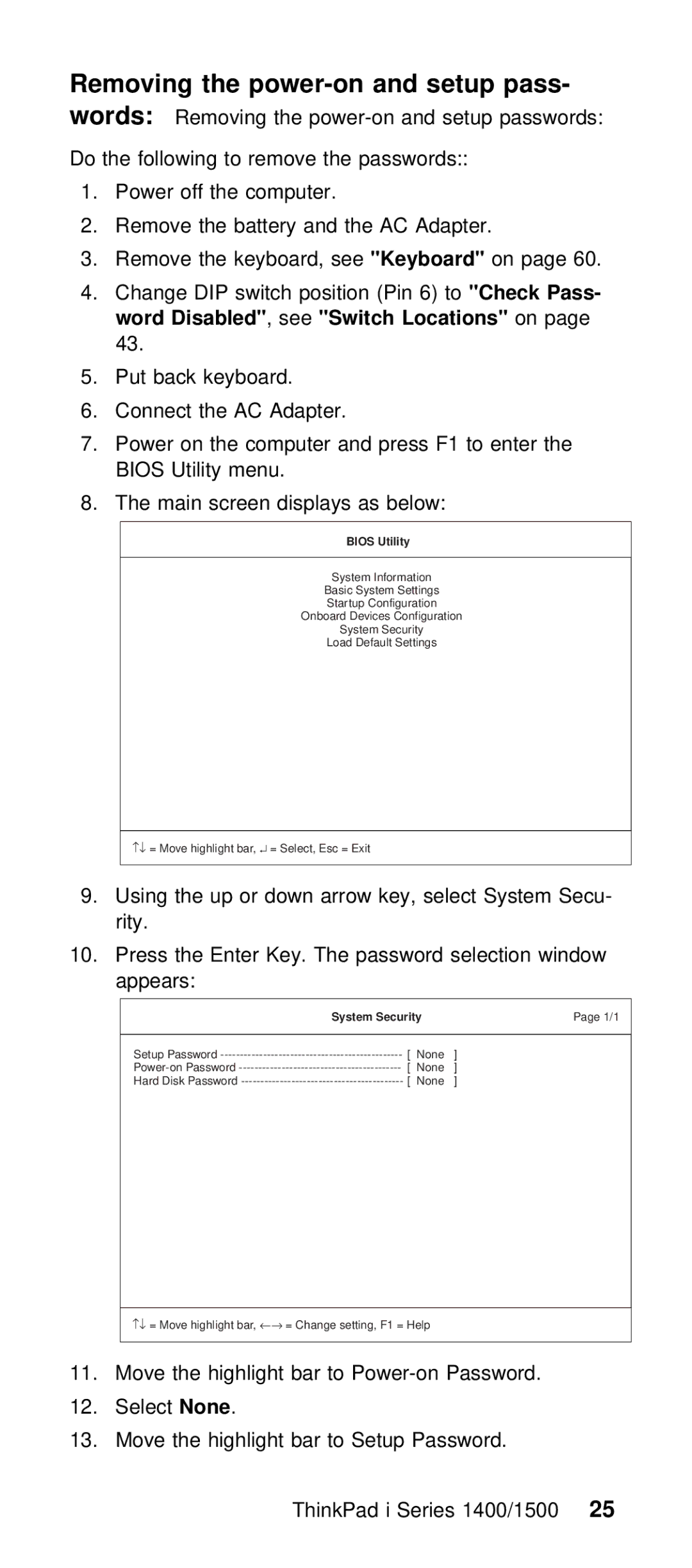 IBM Series 1400, Series 1500 manual Removing the power-on and setup pass, Change, Switch position, Disabled 