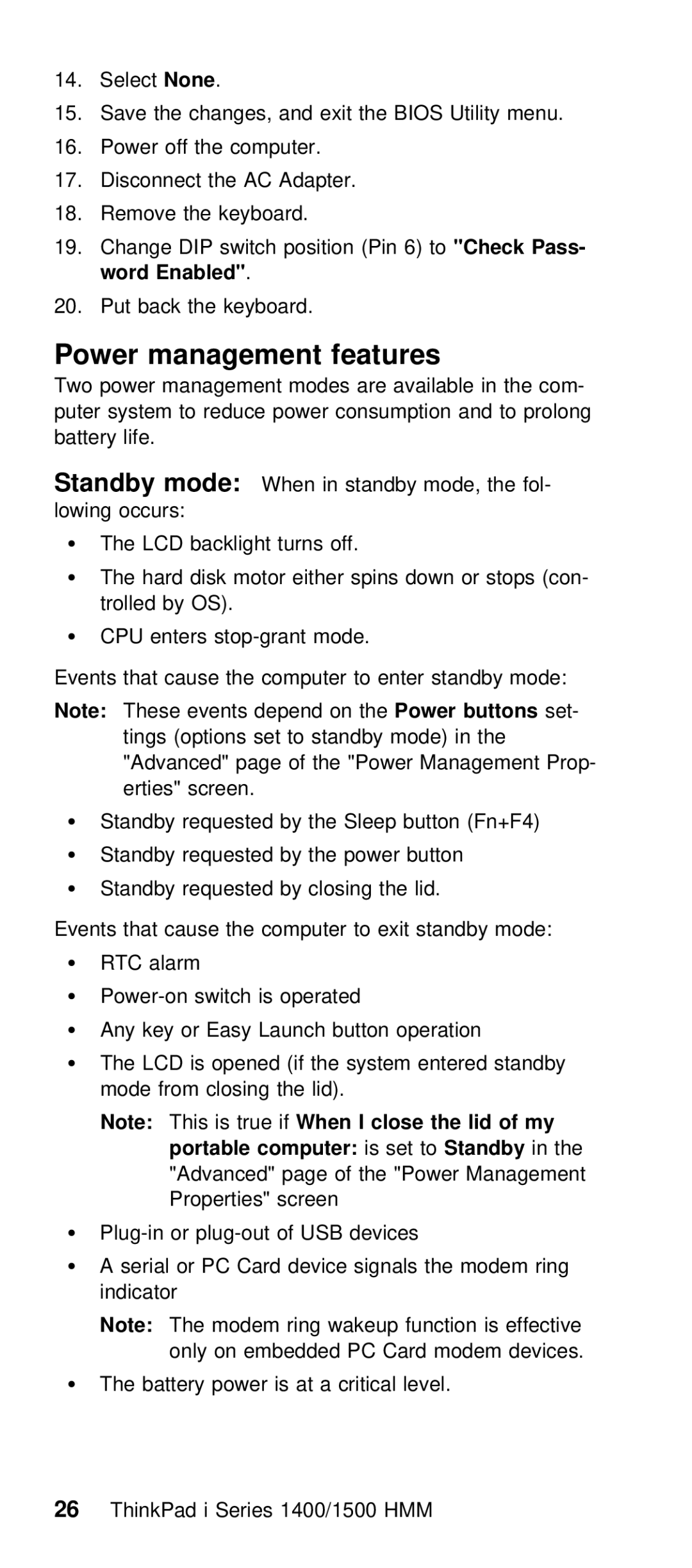 IBM Series 1500 Power management features, Word Enabled, Put back the keyboard, Lid, Advanced page of the Power Management 