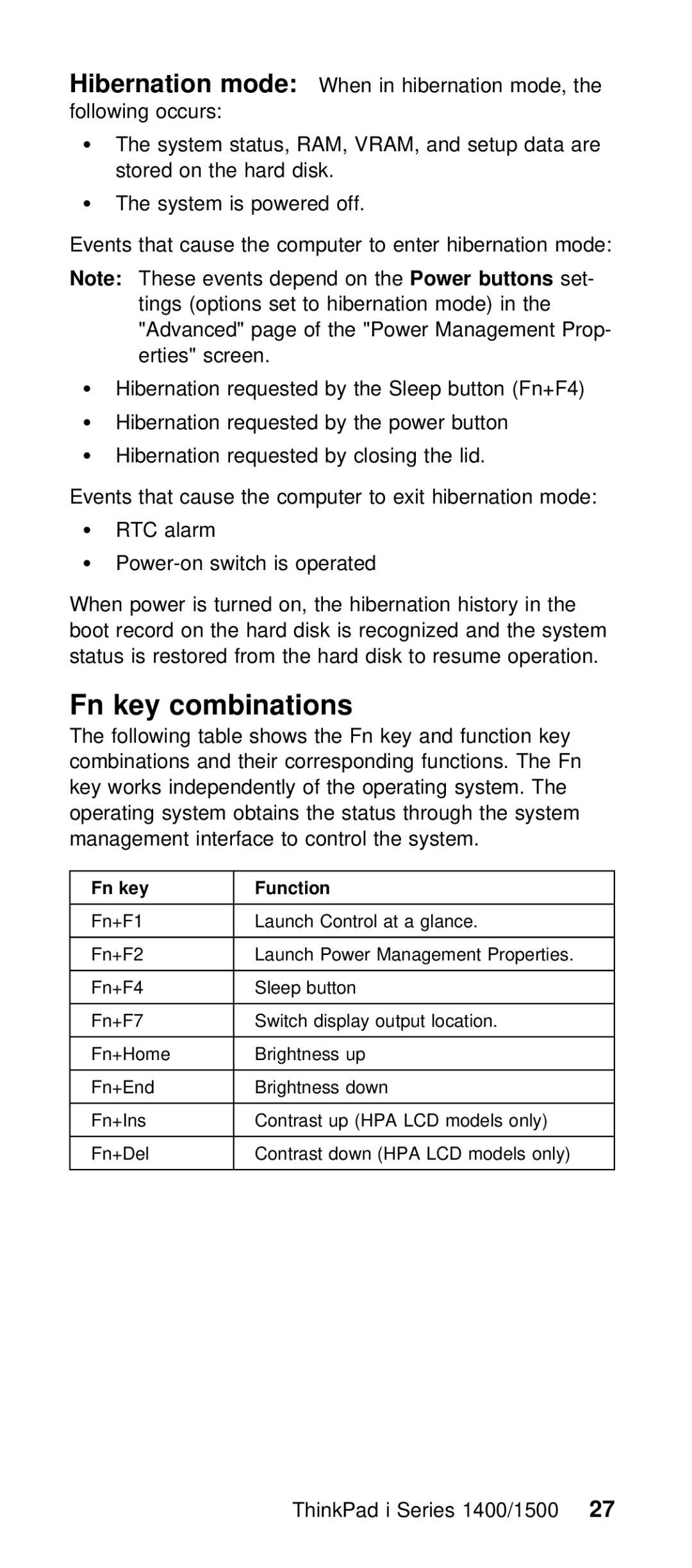 IBM Series 1500 manual Fn key combinations, ThinkPad i Series 1400/150027 