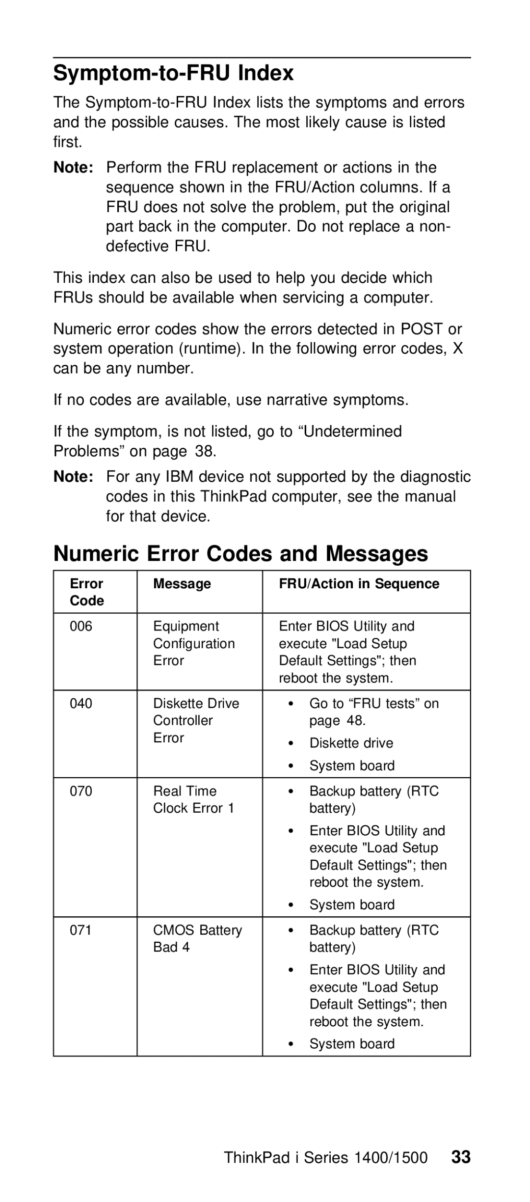 IBM Series 1500 manual Symptom-to-FRU Index, ThinkPad i Series 1400/150033 