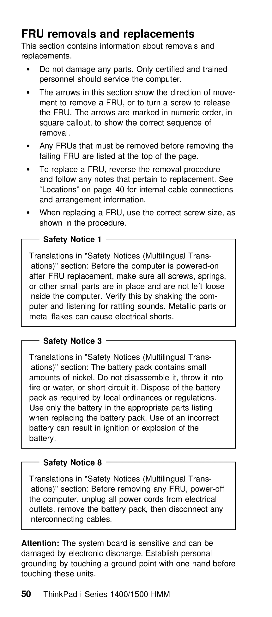 IBM Series 1500, Series 1400 manual FRU removals and replacements, Safety Notice 