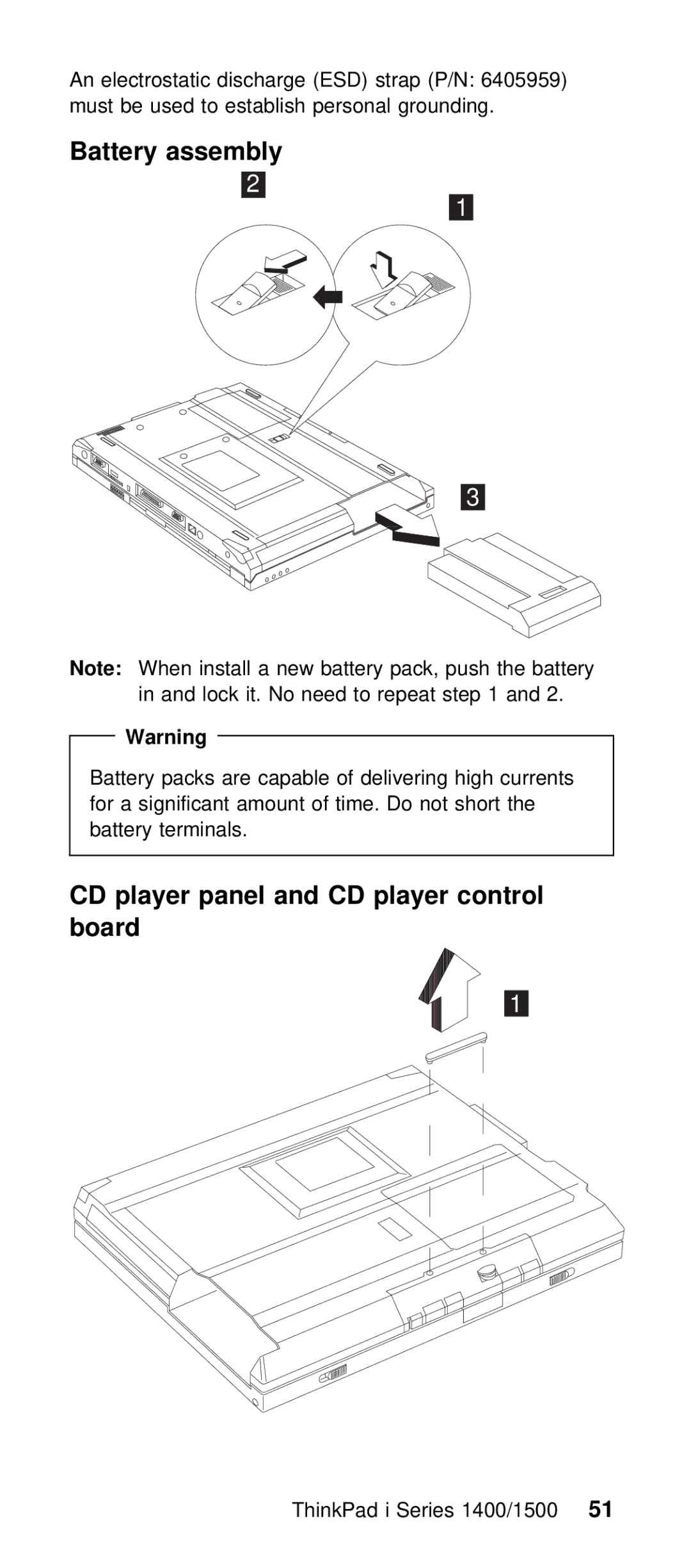 IBM Series 1500 manual Battery assembly, CD player panel and CD player control board, ThinkPad i Series 1400/51500 