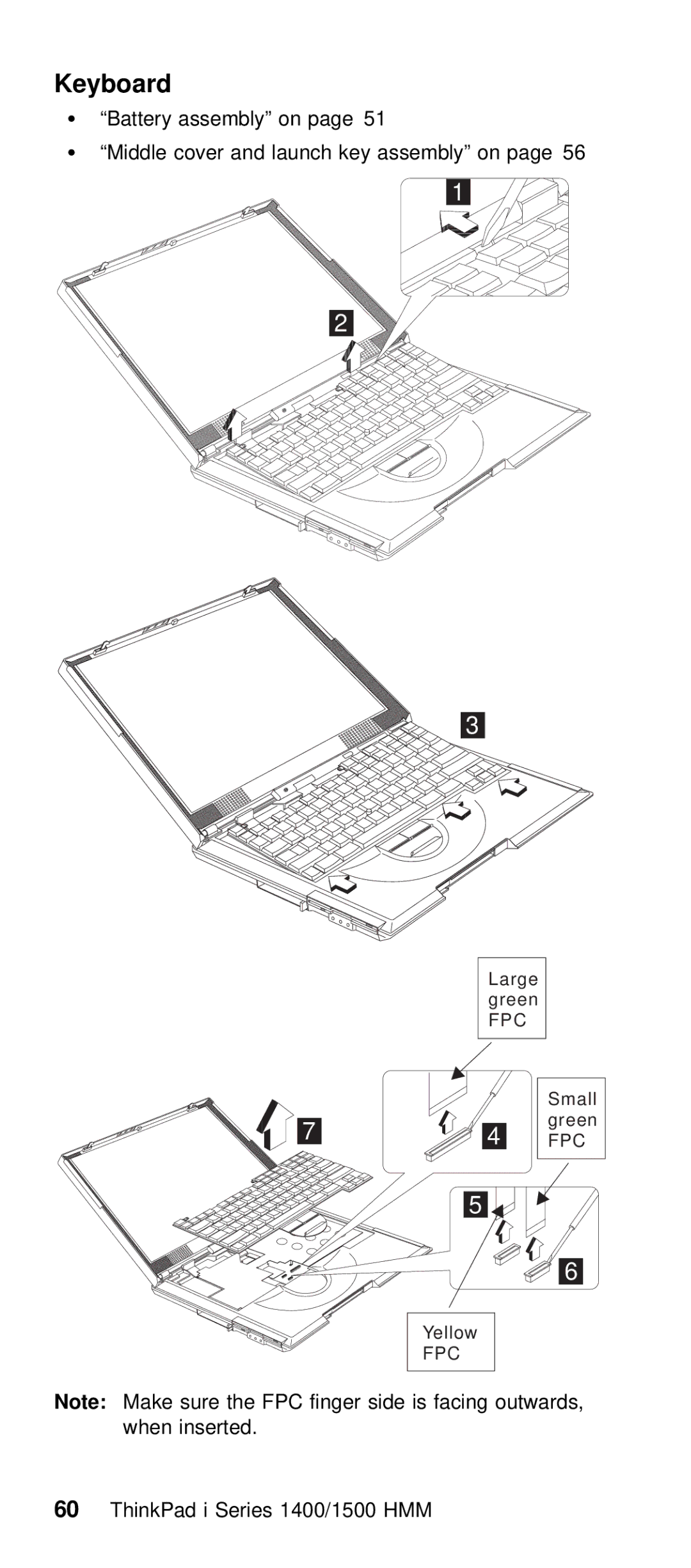 IBM Series 1500, Series 1400 manual Keyboard, Battery assembly on Middle cover and launch key assembly on 