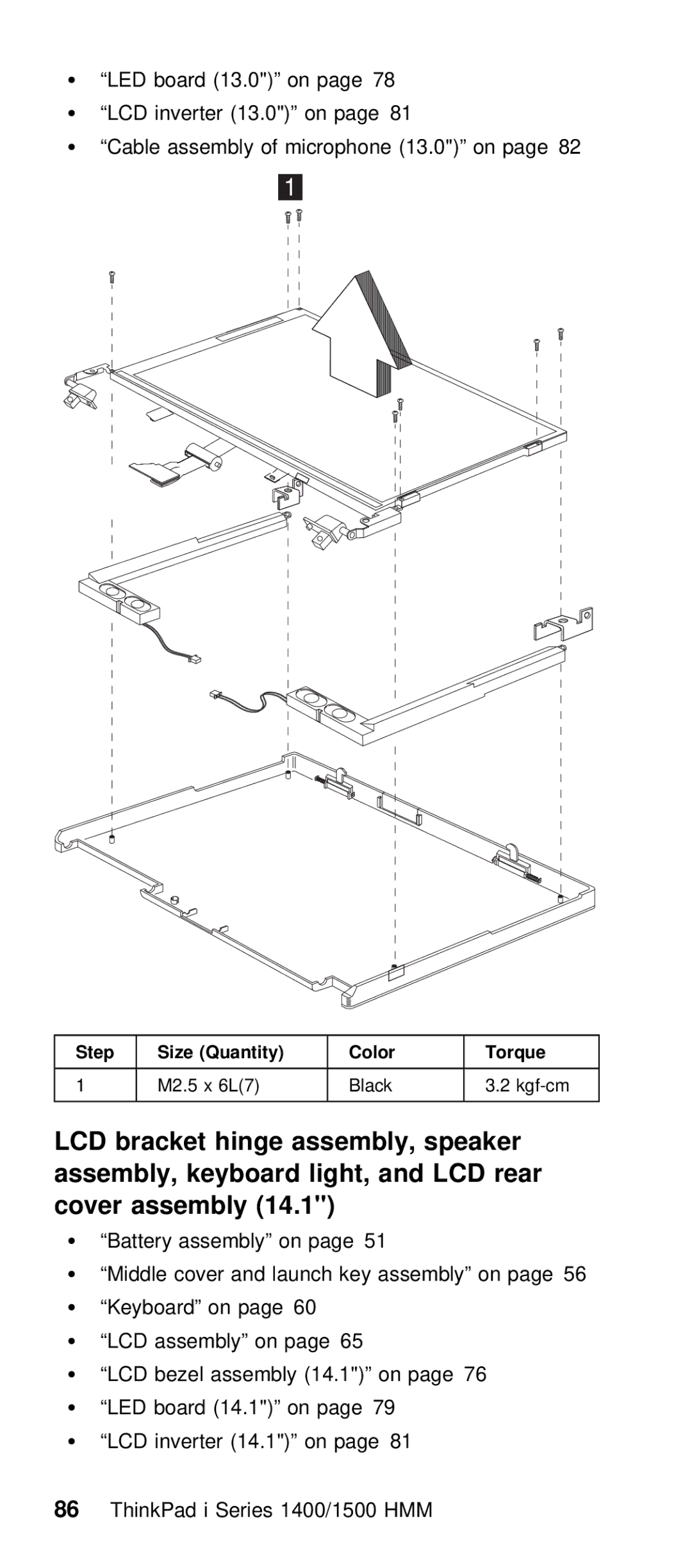 IBM Series 1500, Series 1400 manual LCD bracket hinge assembly, speaker, LCD rear 