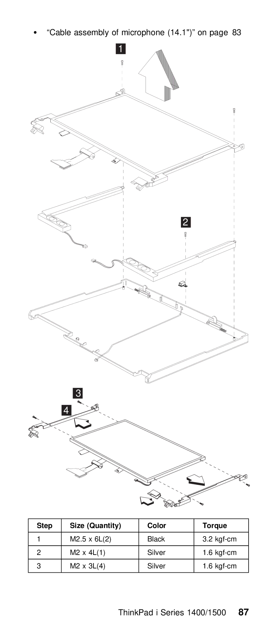 IBM Series 1500 manual Cable assembly of microphone 14.1 on pa, ThinkPad i Series 1400/150087 