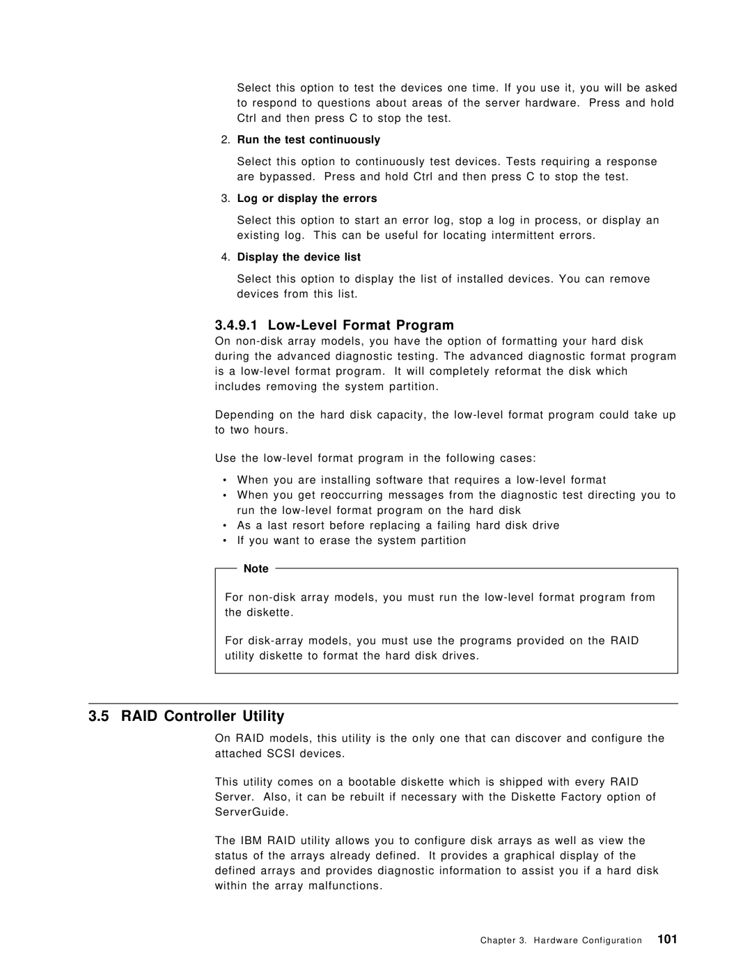 IBM SG24-4576-00 RAID Controller Utility, Low-Level Format Program, Run the test continuously, Log or display the errors 