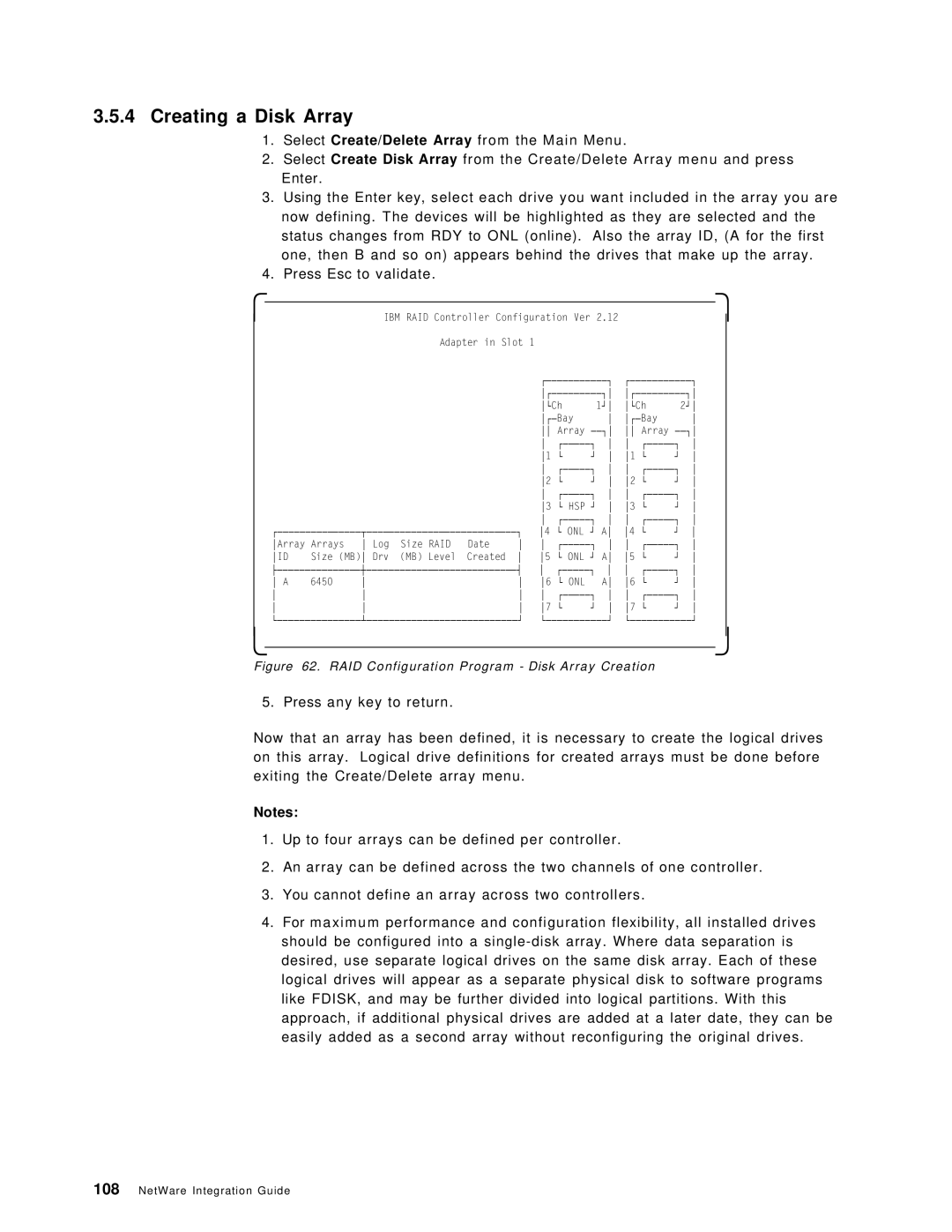 IBM SG24-4576-00 manual Creating a Disk Array, RAID Configuration Program Disk Array Creation 