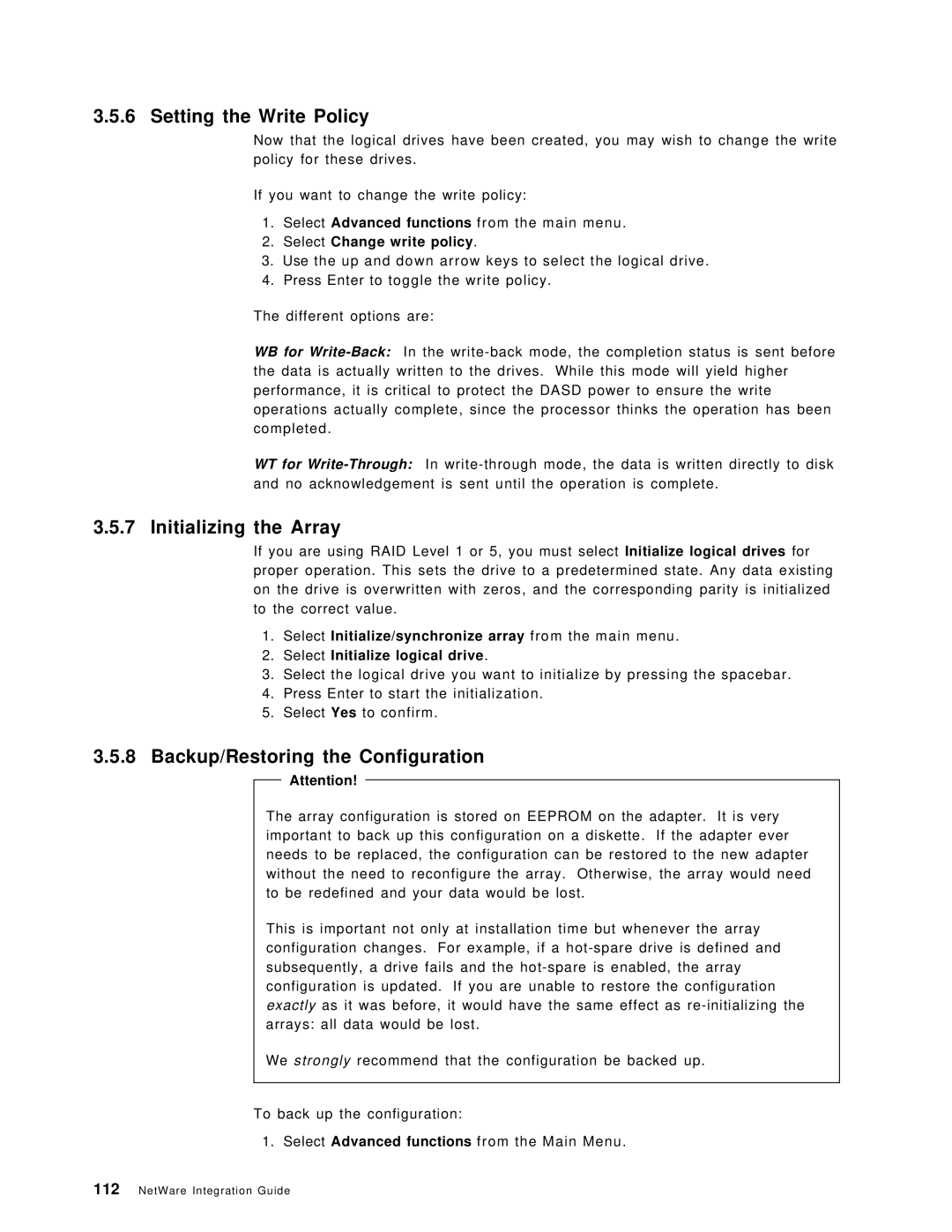 IBM SG24-4576-00 manual Setting the Write Policy, Initializing the Array, Backup/Restoring the Configuration 