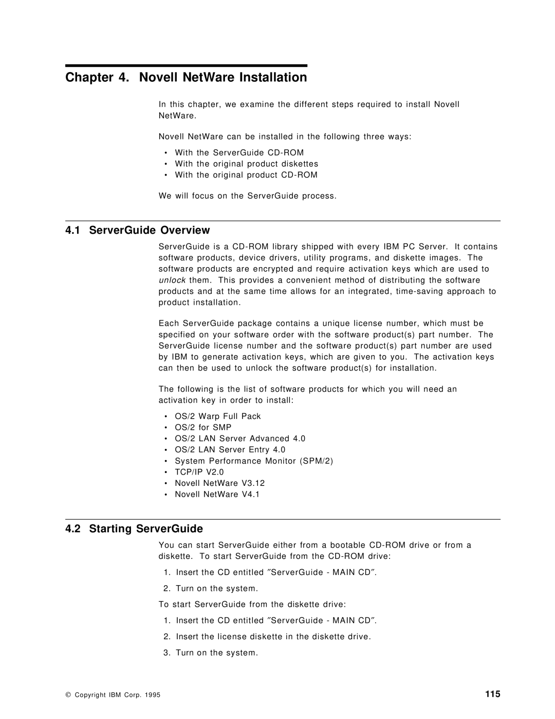 IBM SG24-4576-00 manual Novell NetWare Installation, ServerGuide Overview, Starting ServerGuide 