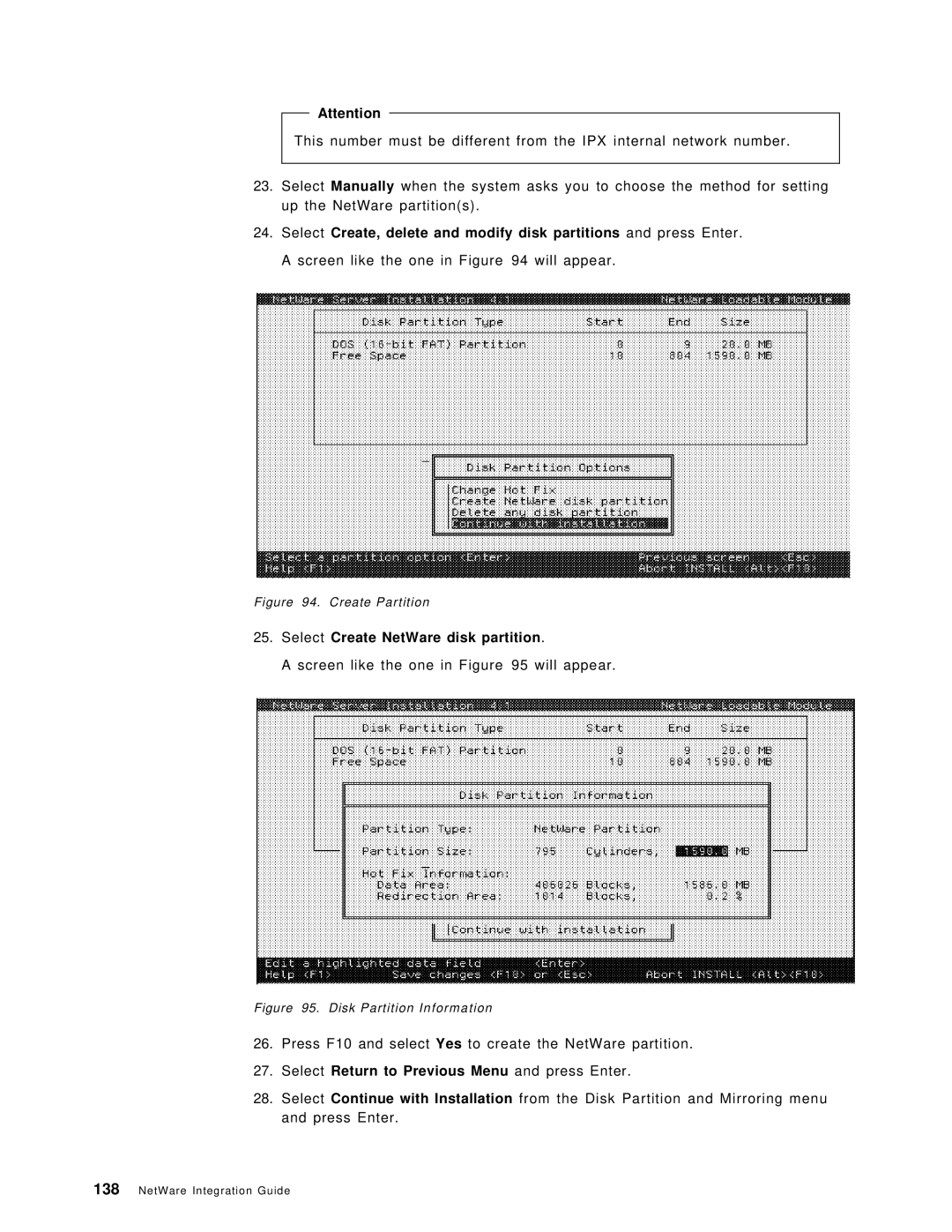 IBM SG24-4576-00 manual Select Create NetWare disk partition, Select Return to Previous Menu and press Enter 