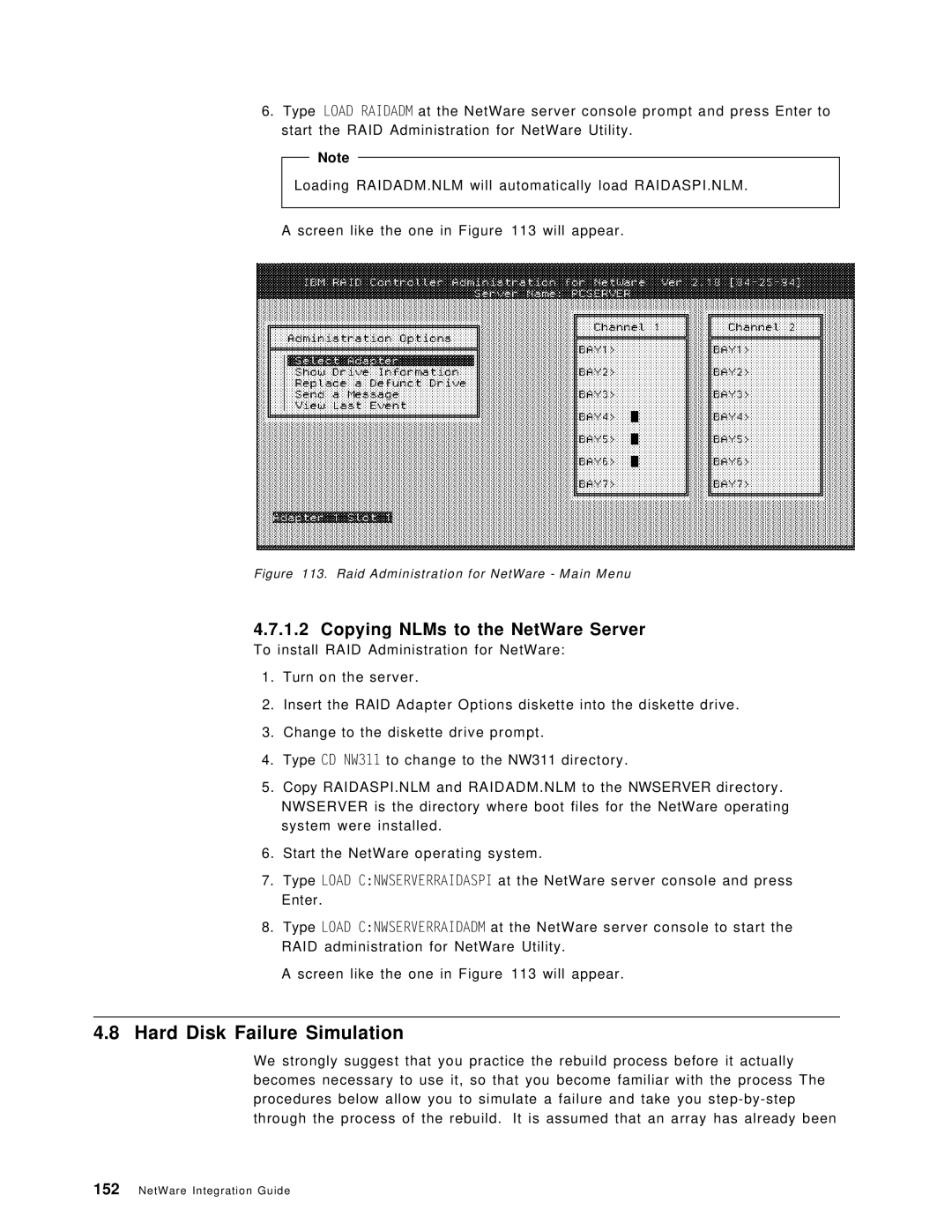 IBM SG24-4576-00 manual Hard Disk Failure Simulation, Copying NLMs to the NetWare Server 