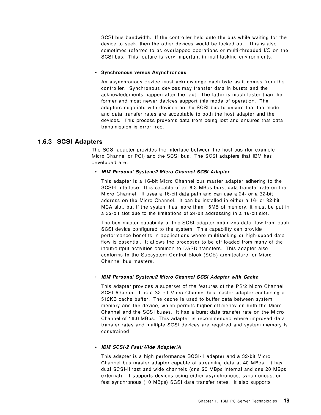 IBM SG24-4576-00 manual Scsi Adapters, ∙ Synchronous versus Asynchronous 