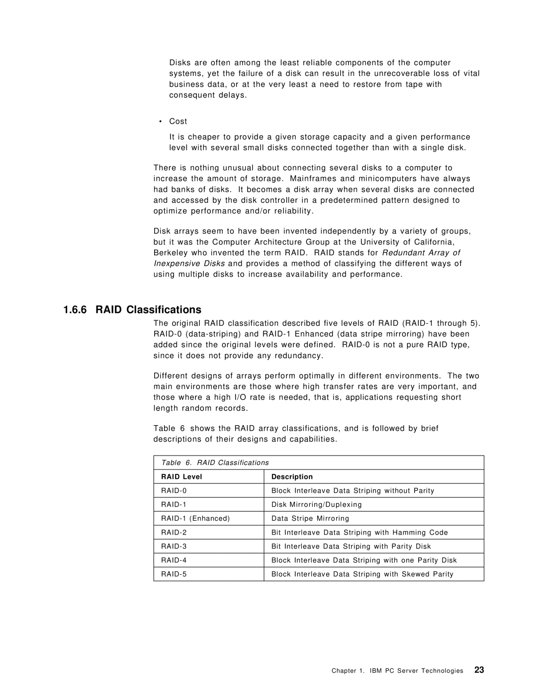 IBM SG24-4576-00 manual RAID Classifications, RAID Level Description 