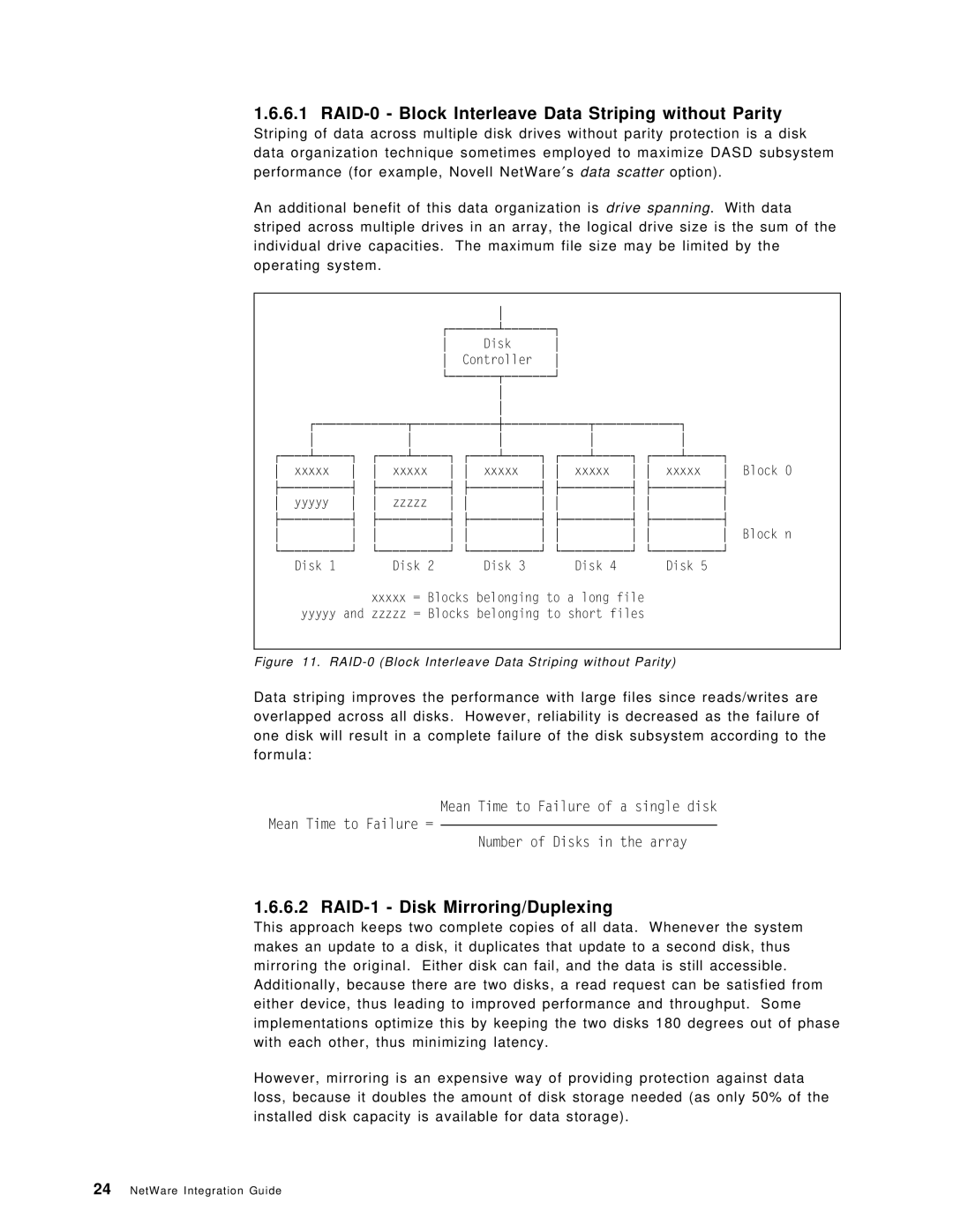 IBM SG24-4576-00 manual RAID-0 Block Interleave Data Striping without Parity, RAID-1 Disk Mirroring/Duplexing 