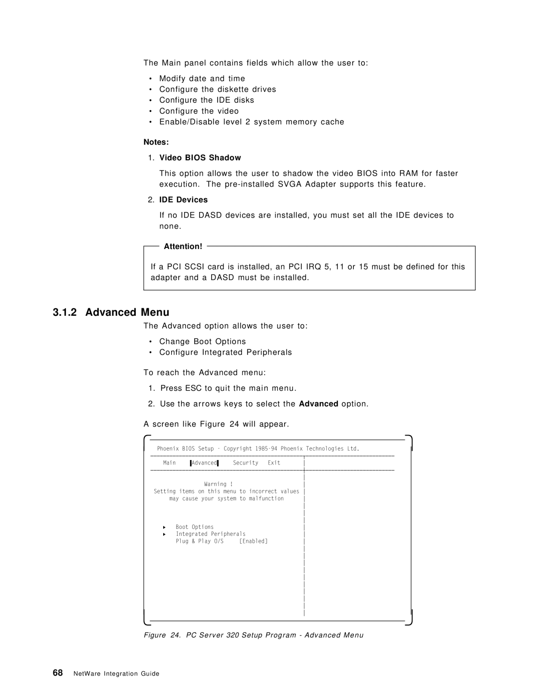 IBM SG24-4576-00 manual Advanced Menu, Video Bios Shadow, IDE Devices 