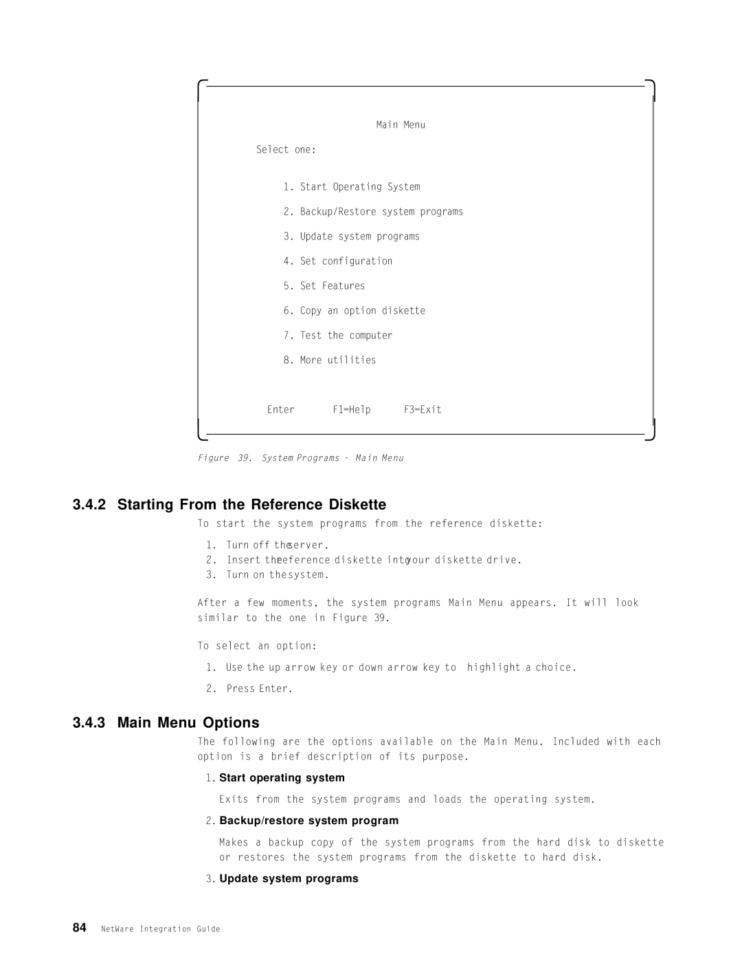 IBM SG24-4576-00 Starting From the Reference Diskette, Main Menu Options, Start operating system, Update system programs 