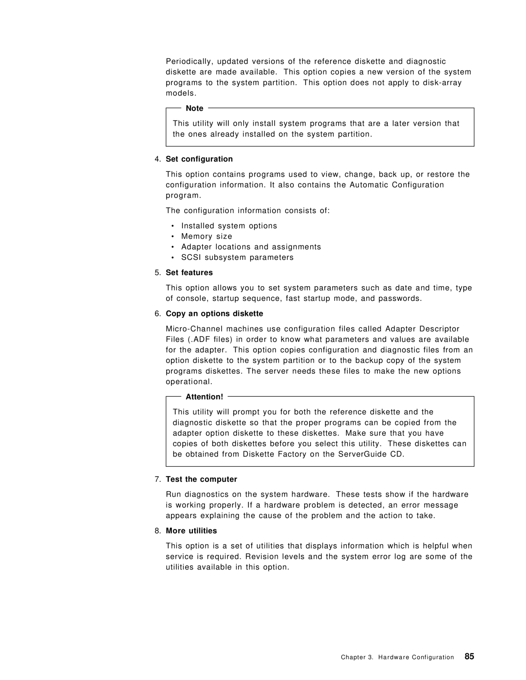 IBM SG24-4576-00 manual Set configuration, Set features, Copy an options diskette, Test the computer, More utilities 