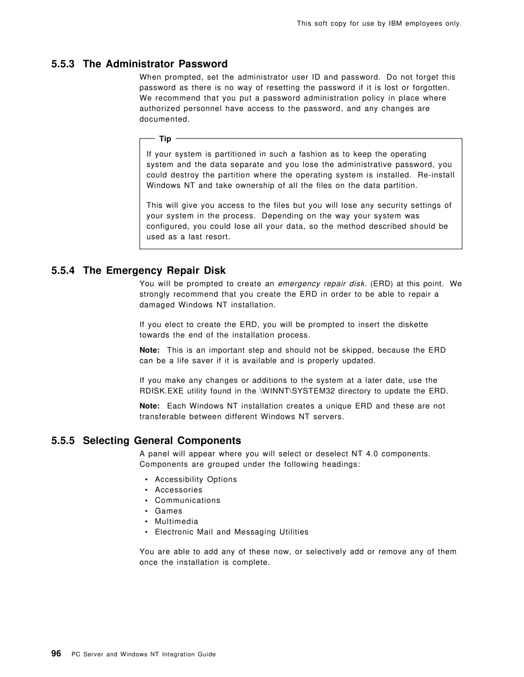 IBM SG24-4763-00 manual Administrator Password, Emergency Repair Disk, Selecting General Components 