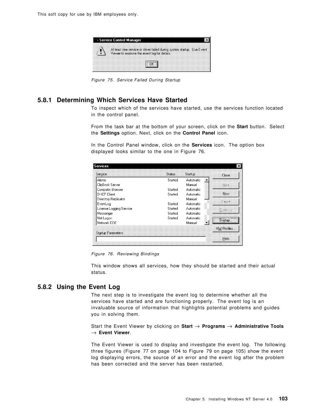 IBM SG24-4763-00 manual Determining Which Services Have Started, Using the Event Log, → Event Viewer 