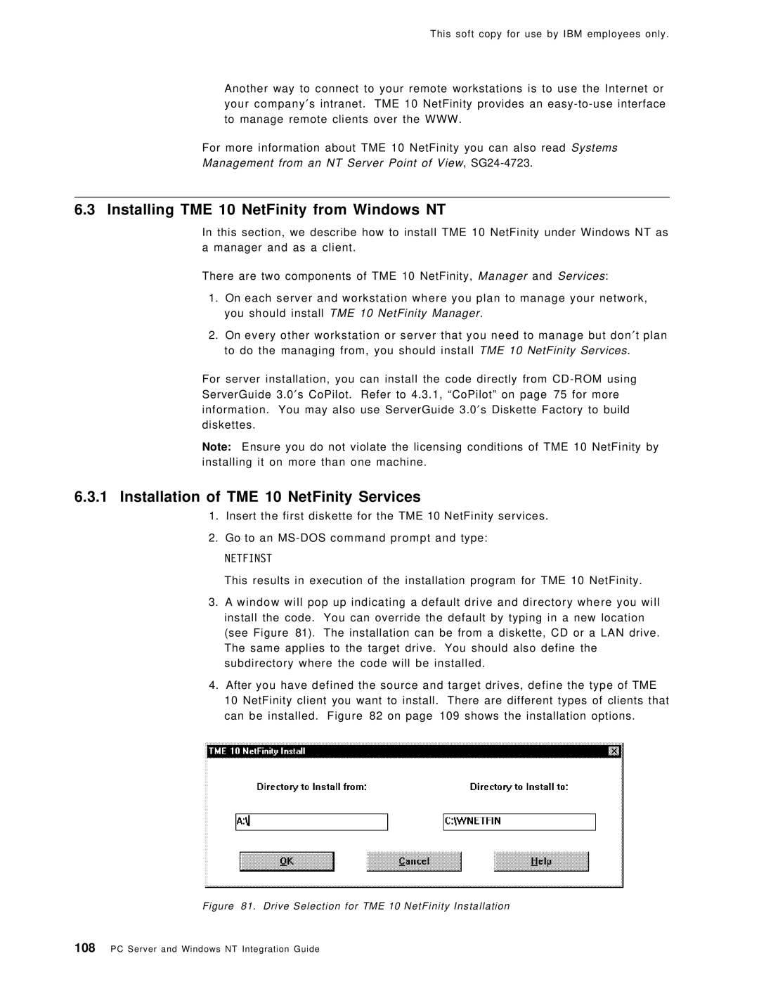 IBM SG24-4763-00 manual Installing TME 10 NetFinity from Windows NT, Installation of TME 10 NetFinity Services 