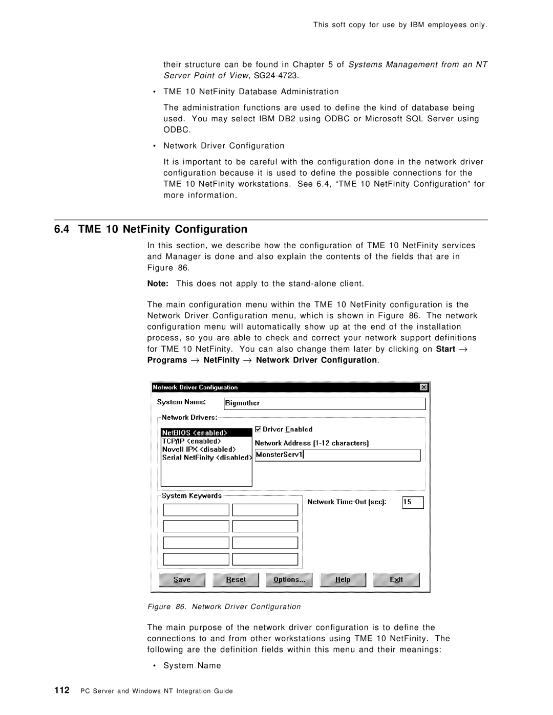 IBM SG24-4763-00 manual TME 10 NetFinity Configuration, Network Driver Configuration 