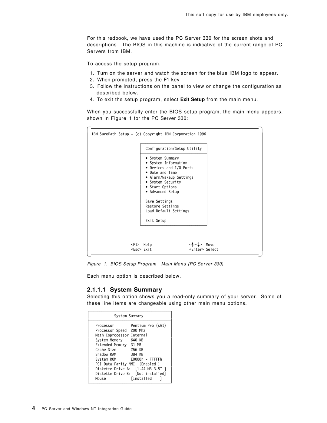 IBM SG24-4763-00 manual System Summary, Bios Setup Program Main Menu PC Server 