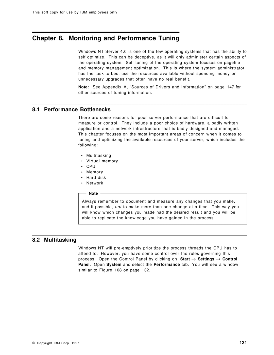 IBM SG24-4763-00 manual Monitoring and Performance Tuning, Performance Bottlenecks, Multitasking 