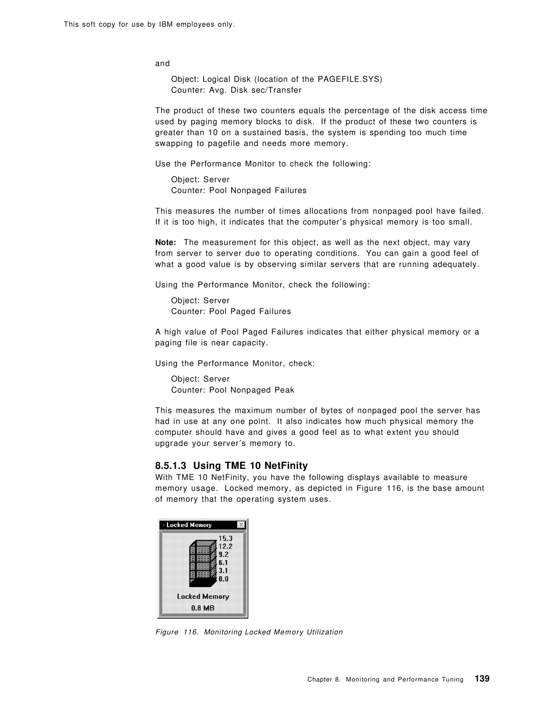 IBM SG24-4763-00 manual Using TME 10 NetFinity, Monitoring Locked Memory Utilization 