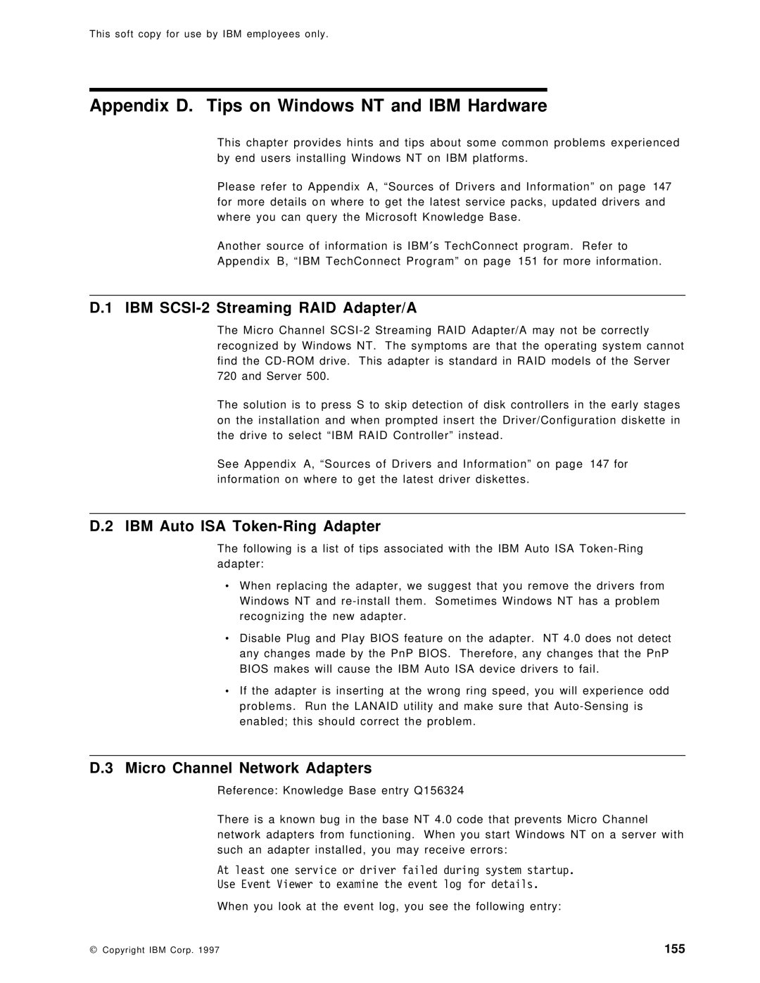 IBM SG24-4763-00 manual Appendix D. Tips on Windows NT and IBM Hardware, IBM SCSI-2 Streaming RAID Adapter/A 