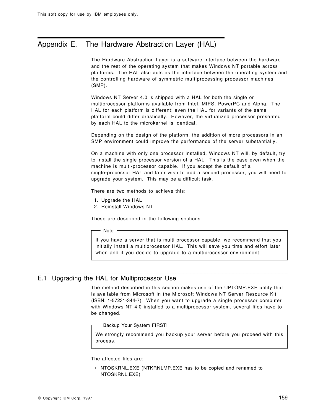 IBM SG24-4763-00 manual Appendix E. The Hardware Abstraction Layer HAL, Upgrading the HAL for Multiprocessor Use 