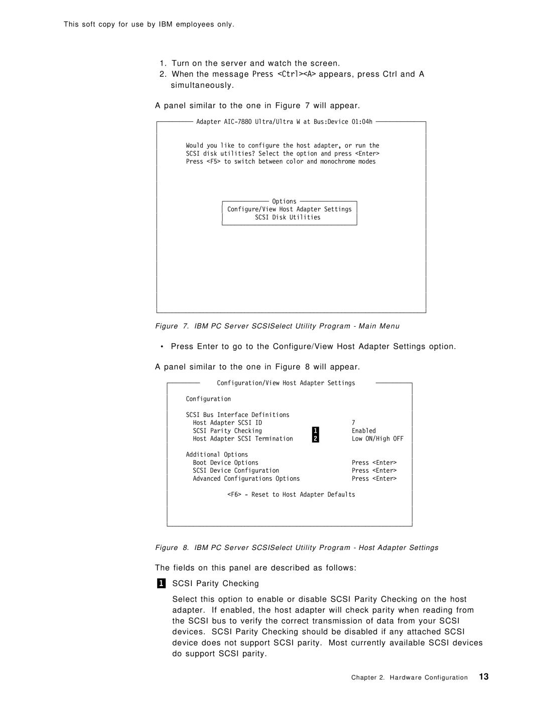 IBM SG24-4763-00 manual IBM PC Server SCSISelect Utility Program Main Menu 