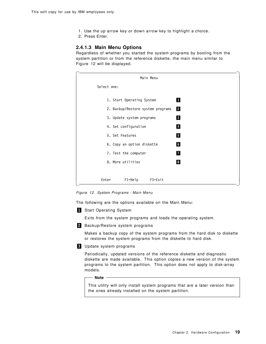 IBM SG24-4763-00 manual Main Menu Options, System Programs Main Menu 