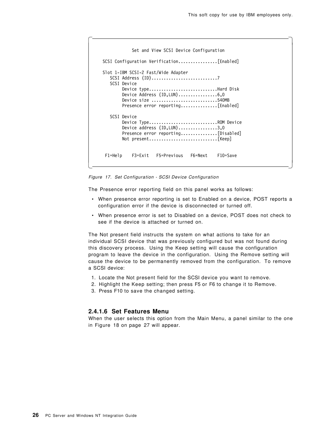 IBM SG24-4763-00 manual Set Features Menu, Set Configuration Scsi Device Configuration 