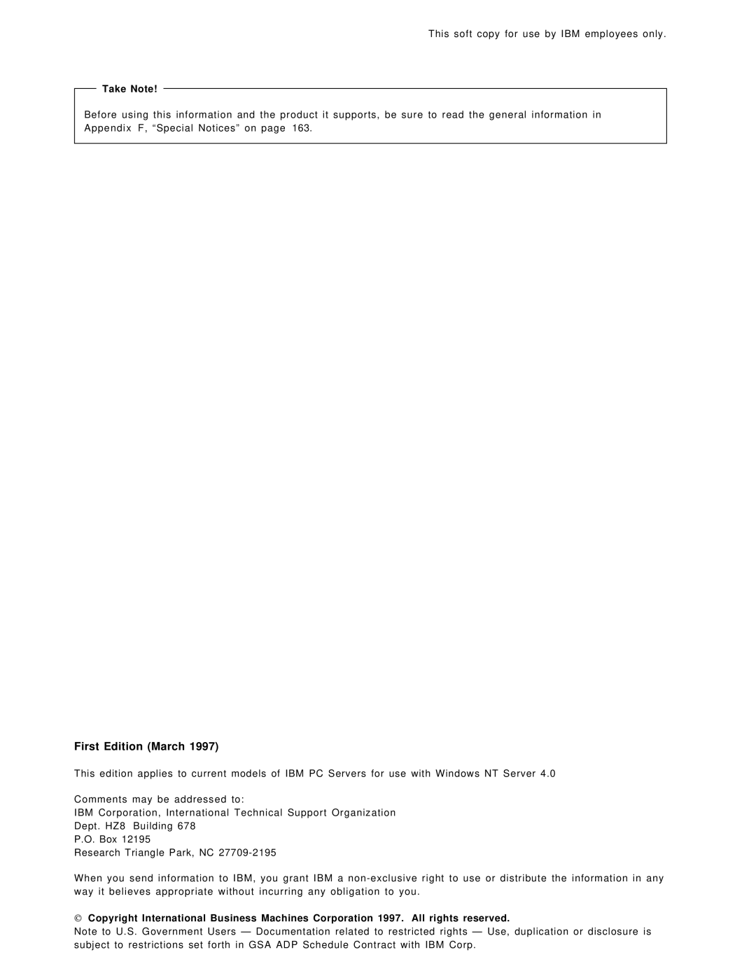 IBM SG24-4763-00 manual First Edition March, Take Note 