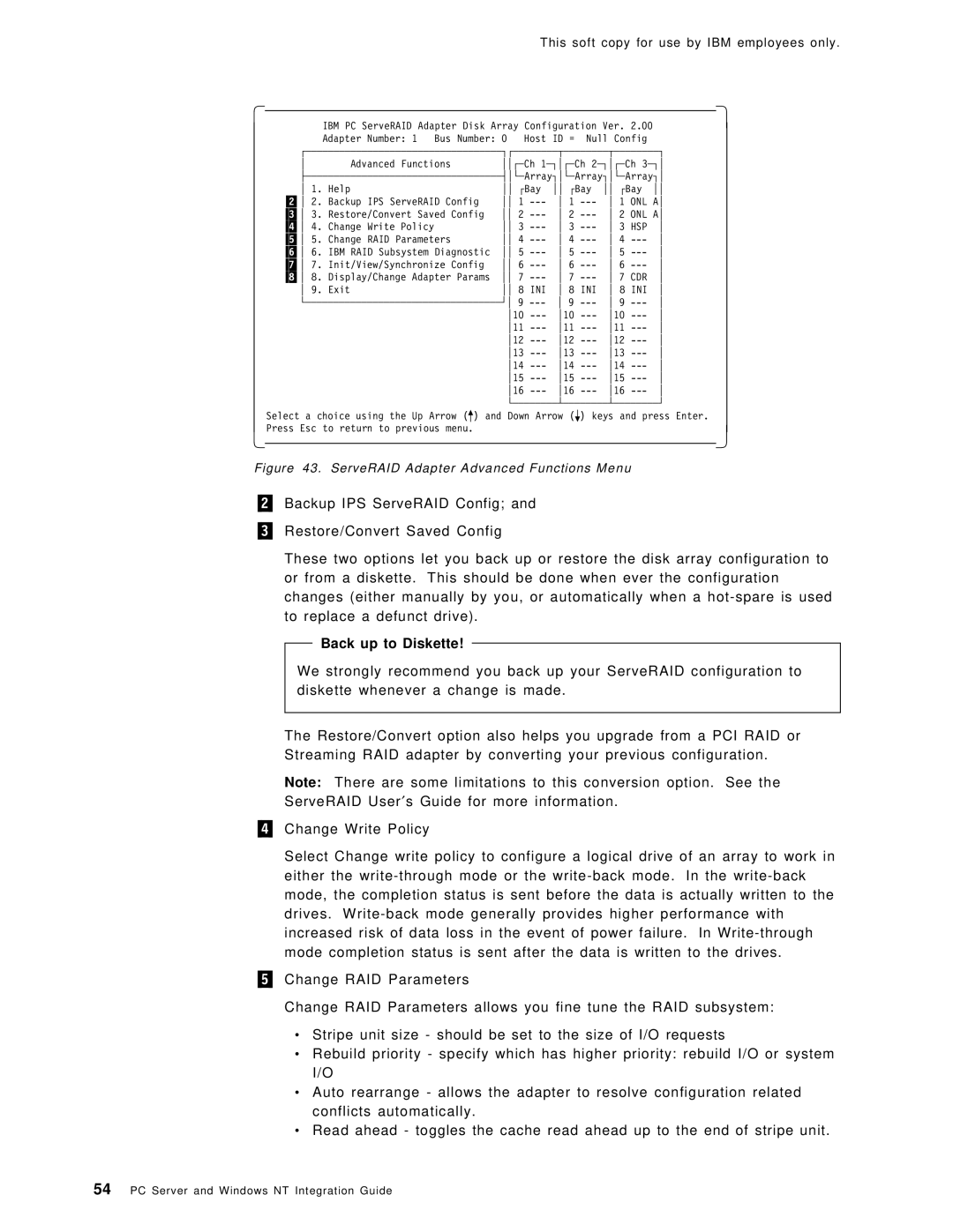 IBM SG24-4763-00 manual Back up to Diskette, ServeRAID Adapter Advanced Functions Menu 