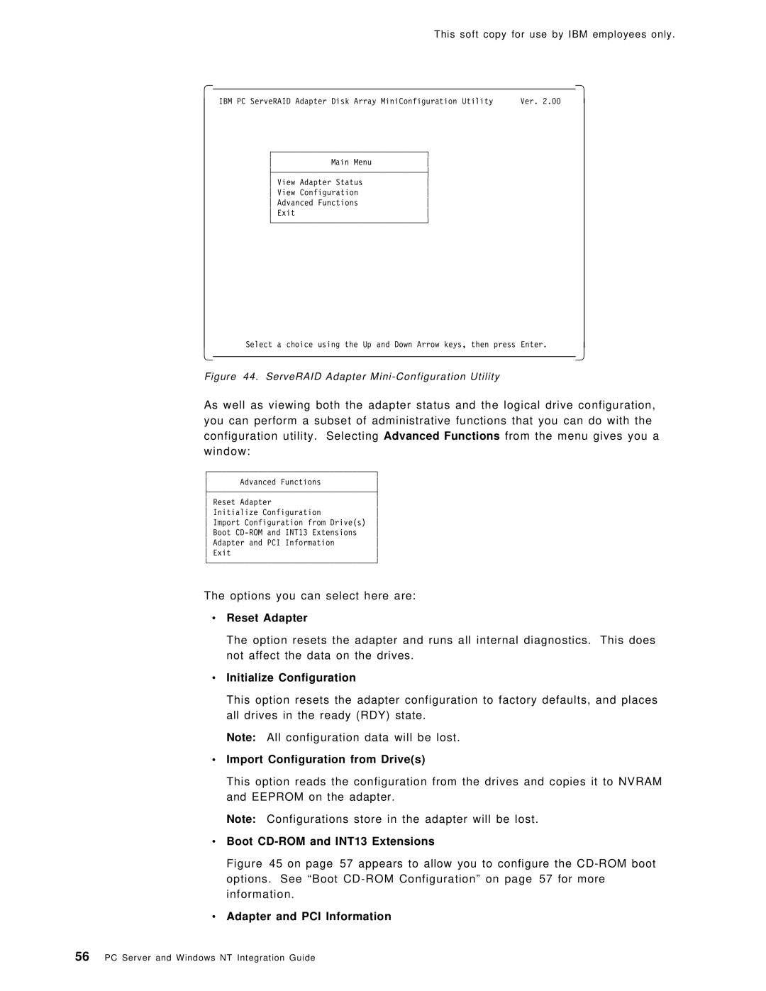 IBM SG24-4763-00 Reset Adapter, Initialize Configuration, Import Configuration from Drives, Adapter and PCI Information 