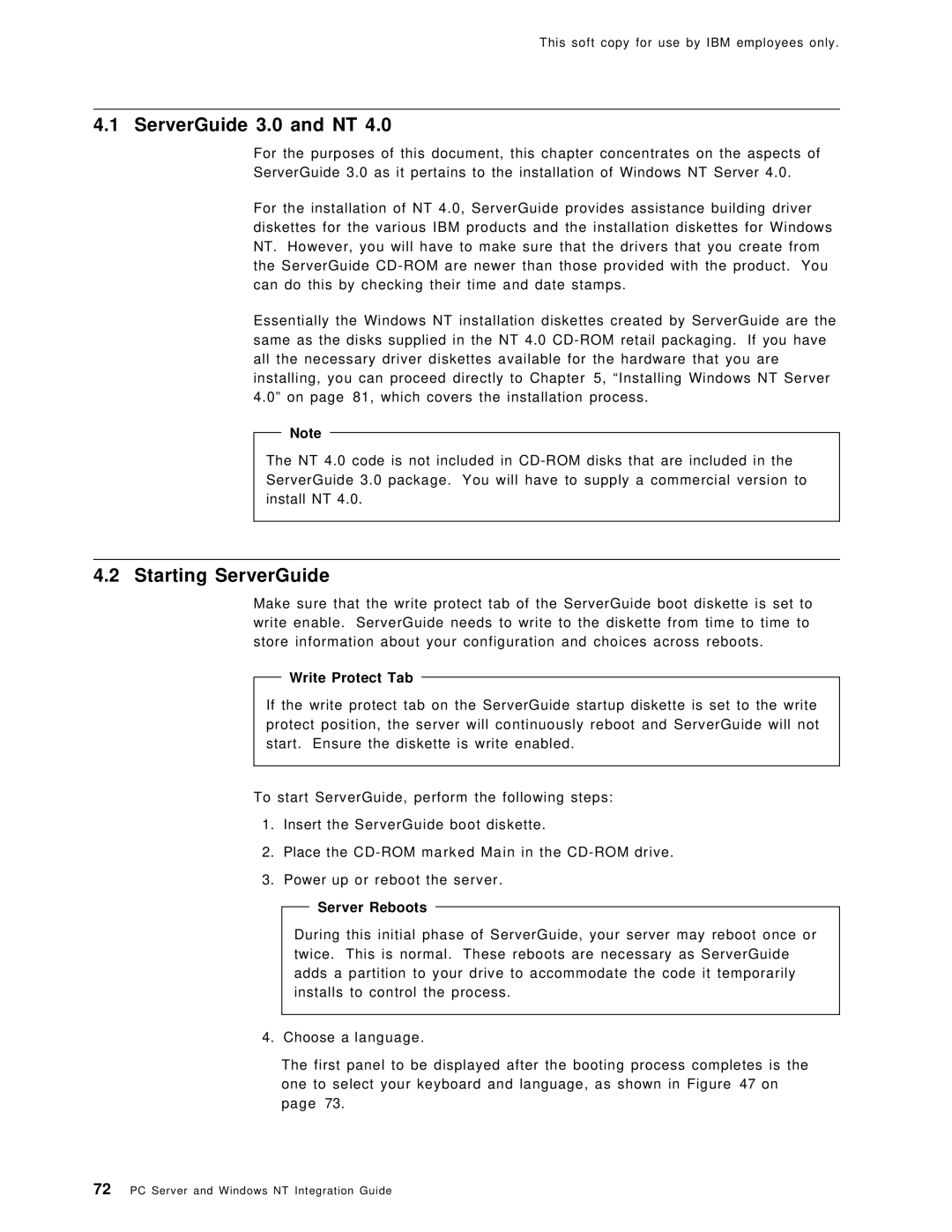 IBM SG24-4763-00 manual ServerGuide 3.0 and NT, Starting ServerGuide, Write Protect Tab, Server Reboots 