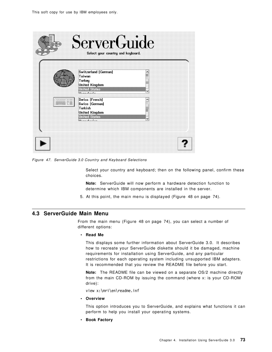 IBM SG24-4763-00 manual ServerGuide Main Menu, Read Me, Overview, Book Factory 