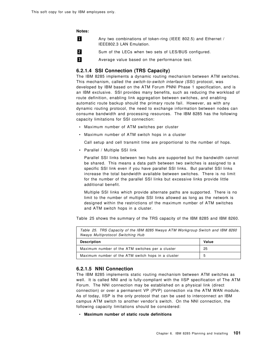 IBM SG24-4817-00 manual SSI Connection TRS Capacity, NNI Connection, Maximum number of static route definitions 