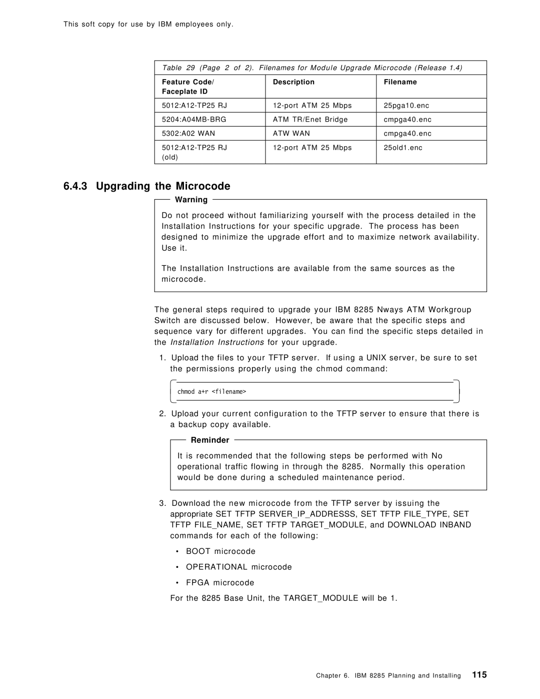 IBM SG24-4817-00 manual Upgrading the Microcode, Feature Code Description Filename Faceplate ID 