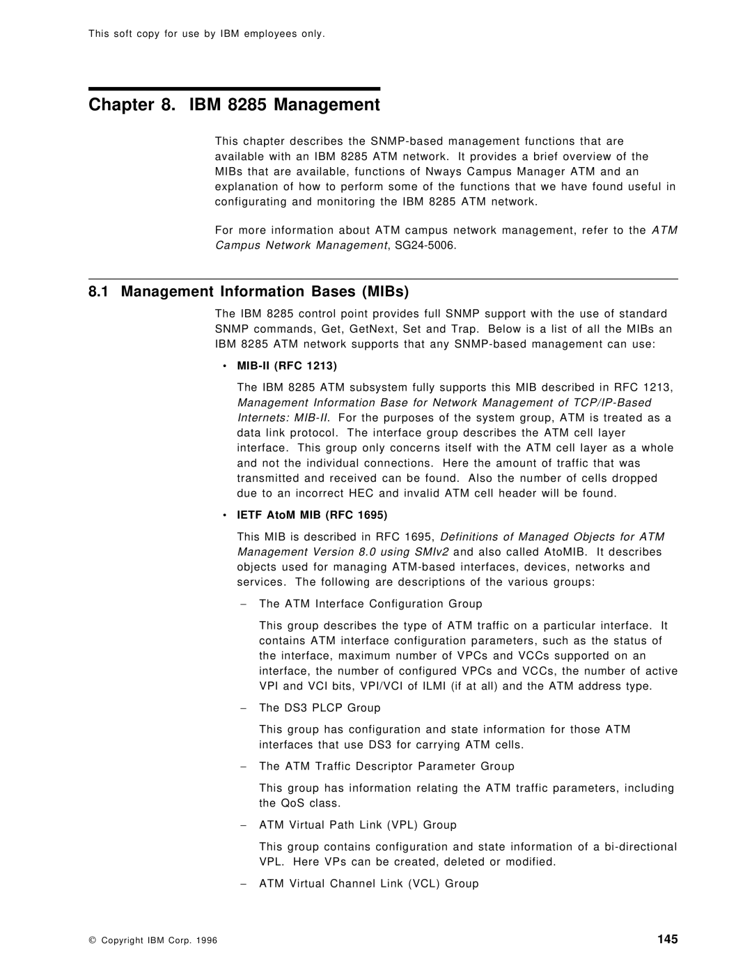 IBM SG24-4817-00 manual IBM 8285 Management, Management Information Bases MIBs, Mib-Ii Rfc, Ietf AtoM MIB RFC 