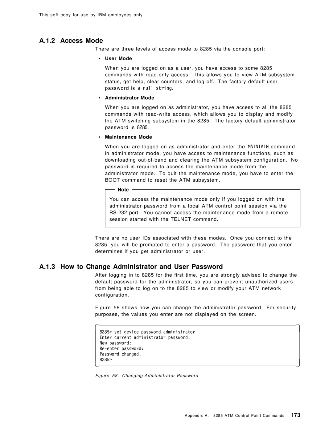 IBM SG24-4817-00 manual Access Mode, How to Change Administrator and User Password, User Mode, Administrator Mode 